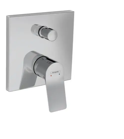 Einhebel-Wannenmischer von Hansgrohe, Unterputz-Design mit glänzender Chrom-Oberfläche und Temperaturindikatoren in rot und blau.